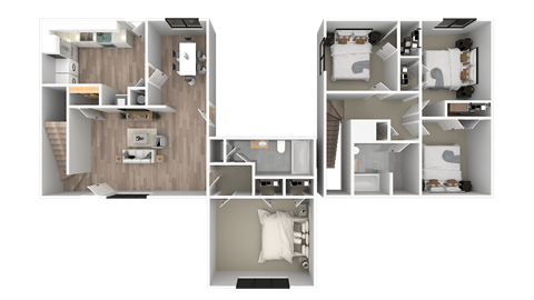 a 3d rendering of a floor plan with a bedroom and a bathroom